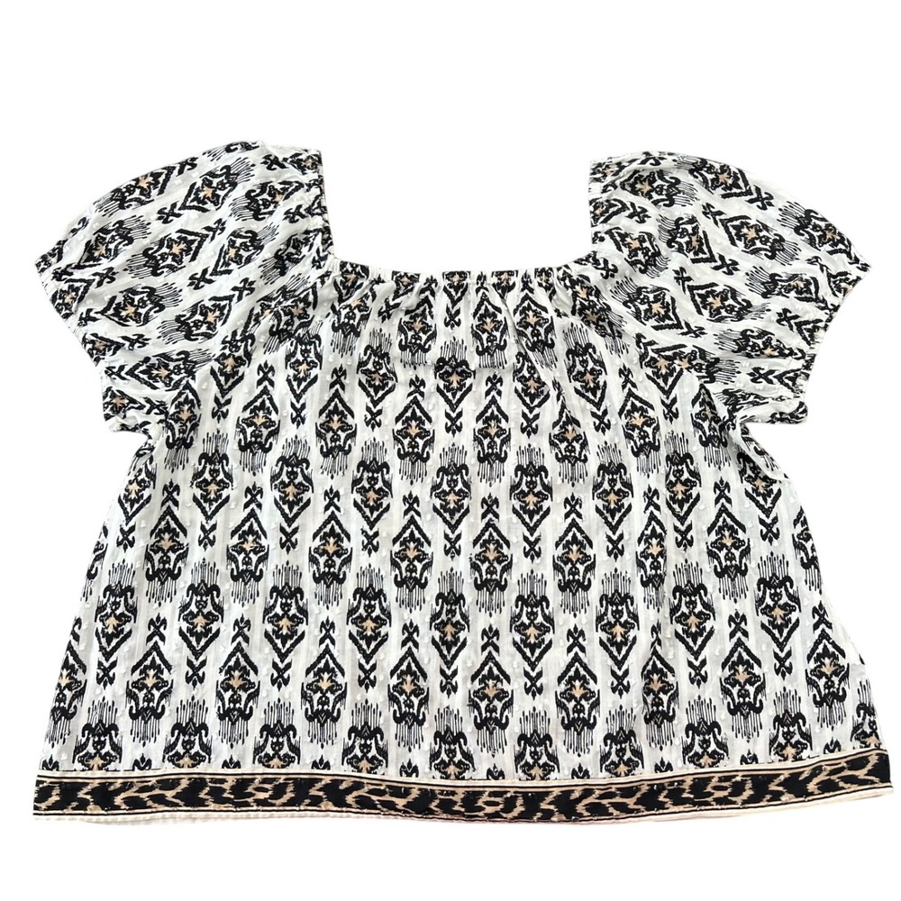 Lane Bryant 18 Blouse Cotton Ikat Swiss Dot Leopard Trim Square Neck Top Black
